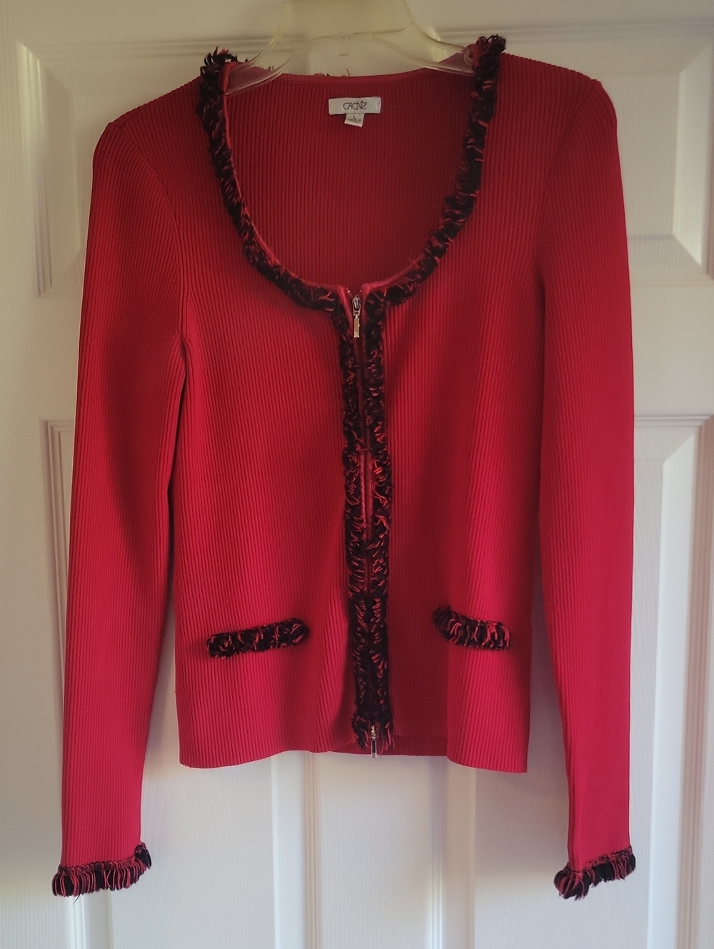Cadi'e Red Ribbed Zip-Front Cardigan with Fringe Trim Sz Large